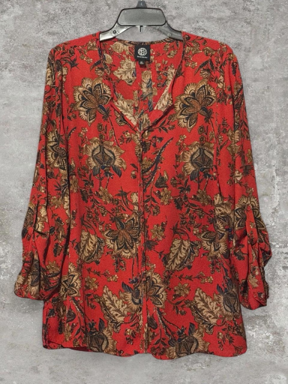 bobeau Red Floral Patchwork-Style Blouse Size XL